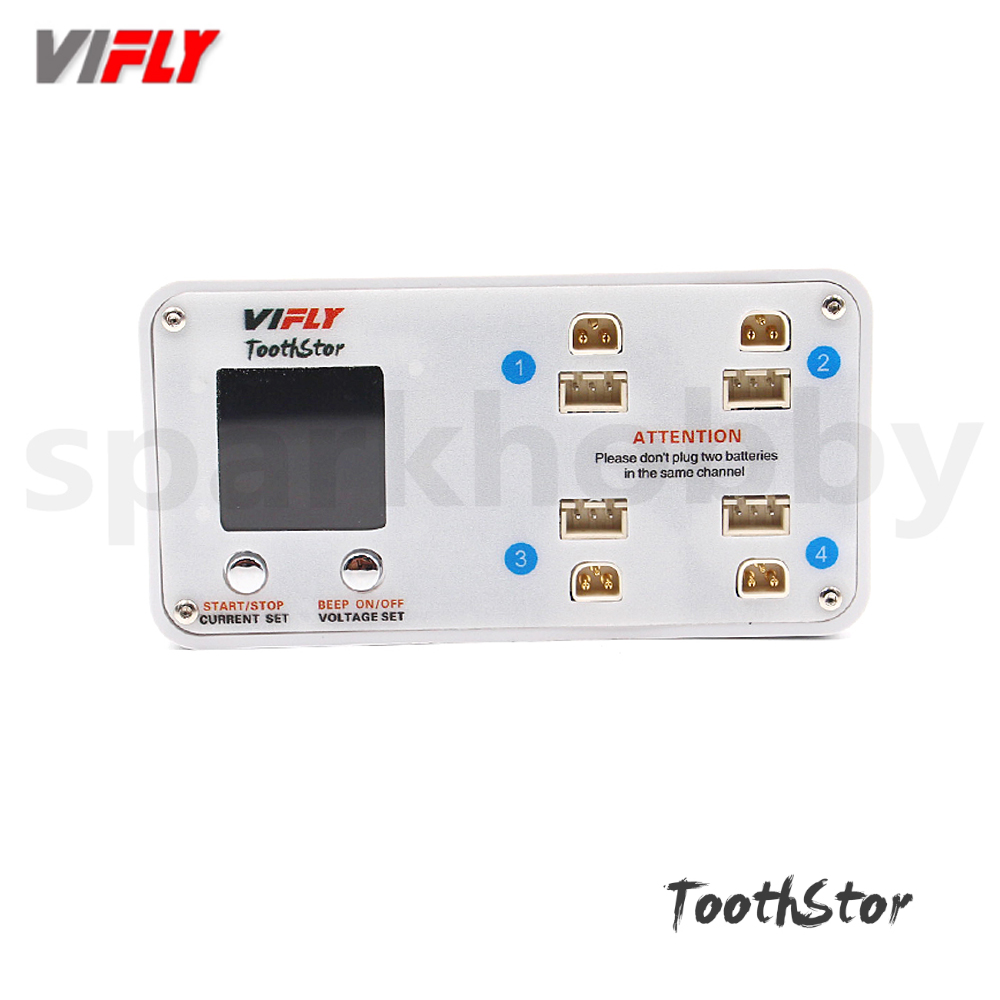 Drone Racing Charger - VIFLY ToothStor 4ポート2Sバランスチャージャーは、BT3.0とXH2.54をサポートし、LiHV/LiPoバッテリーRC FPVレーシングドローン用のストレージモードを搭載しています。