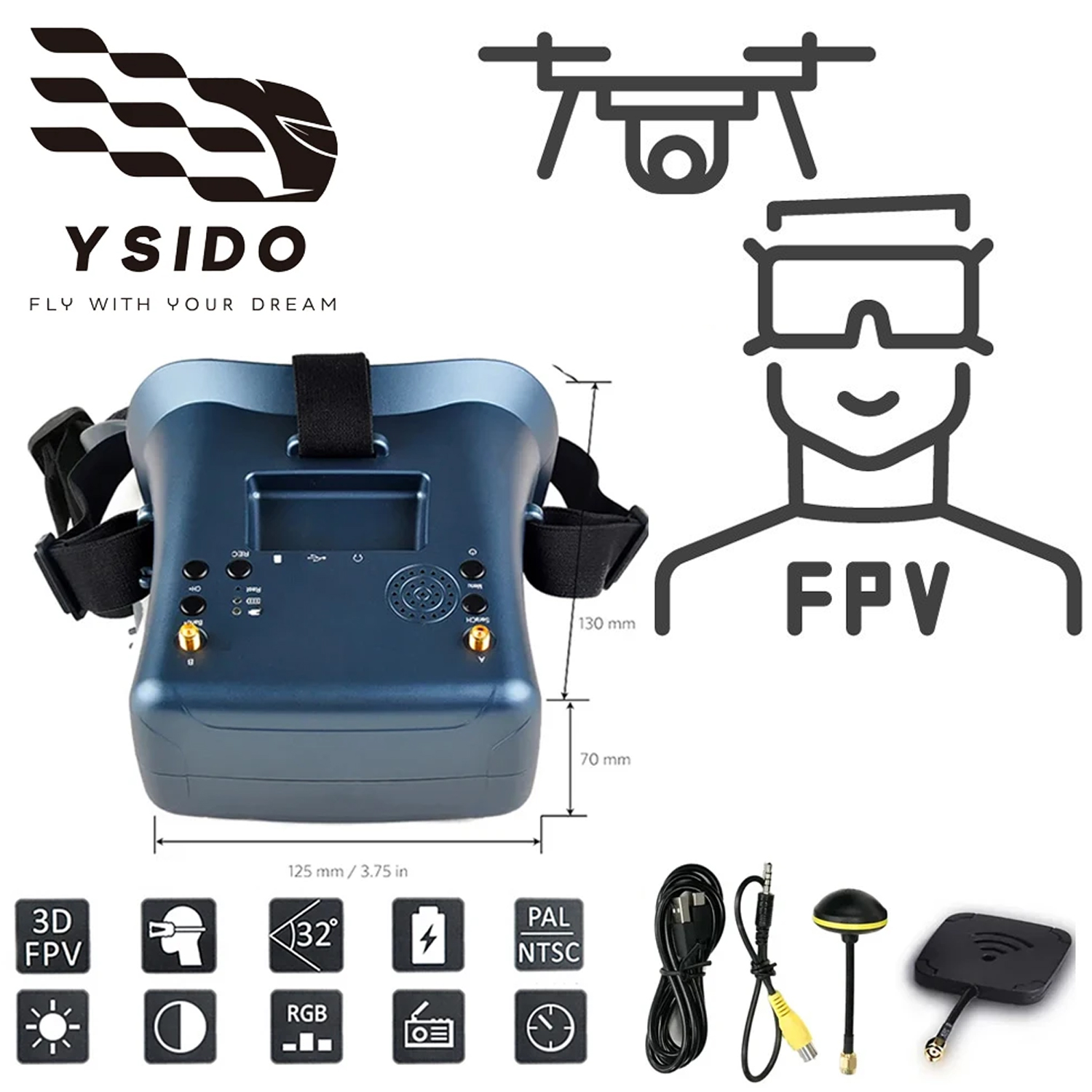 FPVゴーグル 008D 5.8G 40CH 4.3インチ  - Drone Racing Goggles のレビューと価格